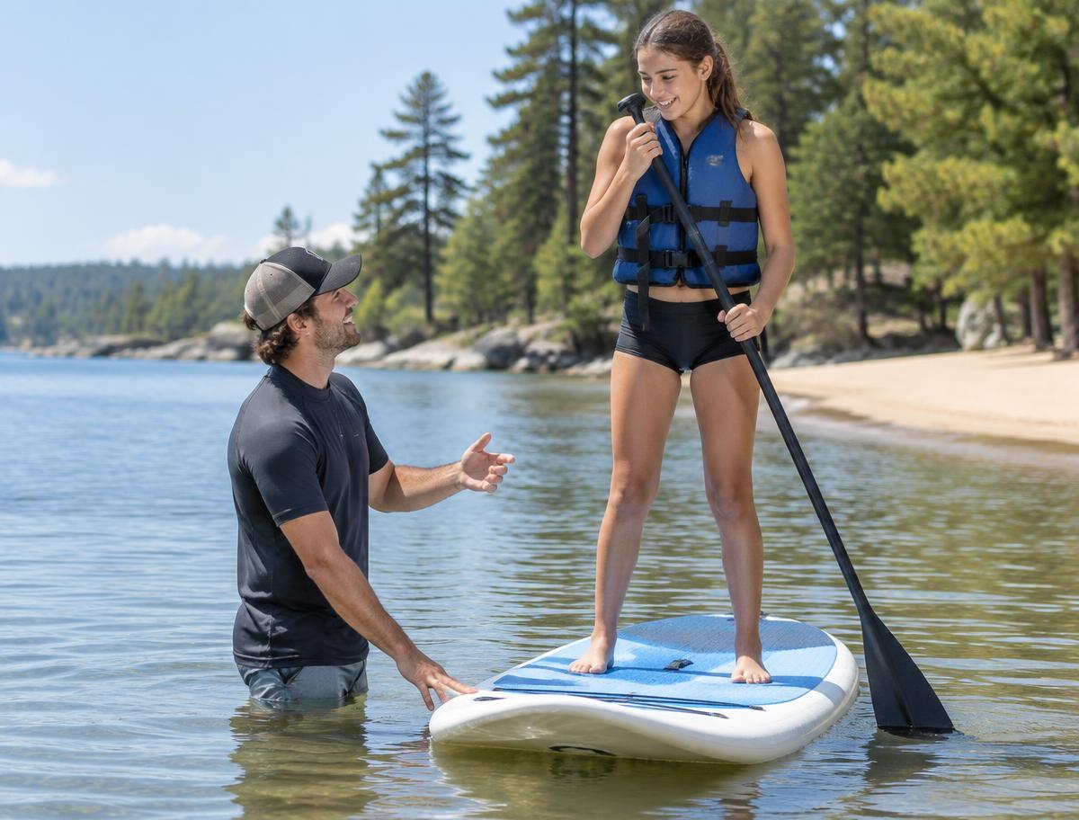 A teenager learning to paddleboard in shallow water with an instructor steadying the board